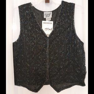 NEW Sweet Sue Black Opalescent Beaded Silk Vest